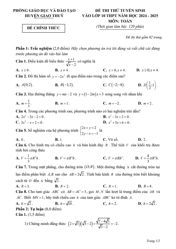 Đề thi thử Toán tuyển sinh lớp 10 năm 2024 – 2025 phòng GD&ĐT Giao Thủy – Nam Định