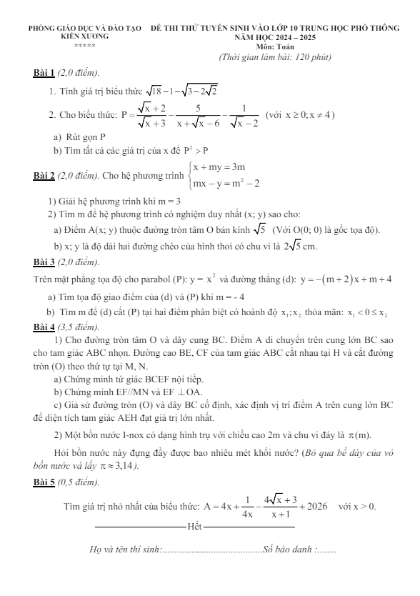 Đề thi thử Toán tuyển sinh lớp 10 năm 2024 – 2025 phòng GD&ĐT Kiến Xương – Thái Bình