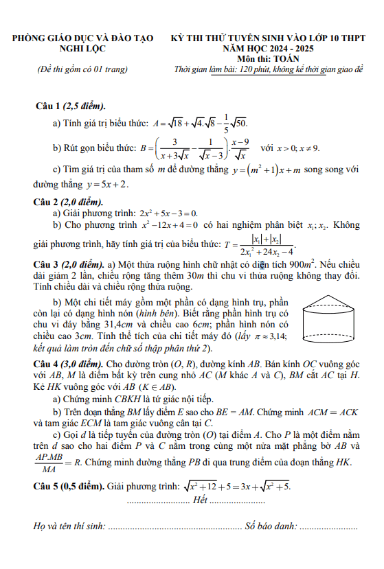 Đề thi thử Toán tuyển sinh lớp 10 năm 2024 – 2025 phòng GD&ĐT Nghi Lộc – Nghệ An