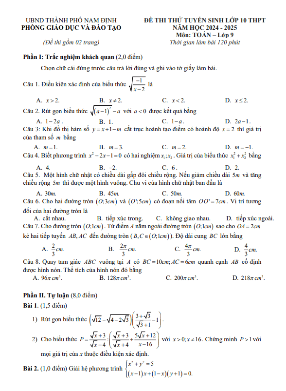 Đề thi thử Toán tuyển sinh lớp 10 năm 2024 – 2025 phòng GD&ĐT TP Nam Định