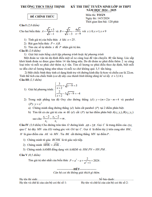Đề thi thử Toán tuyển sinh lớp 10 năm 2024 – 2025 trường THCS Thái Thịnh – Hà Nội