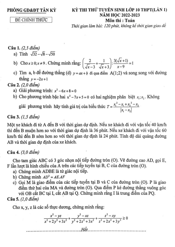 Đề thi thử Toán vào 10 lần 1 năm 2022 – 2023 phòng GD&ĐT Tân Kỳ – Nghệ An