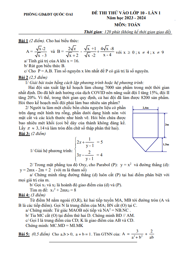 Đề thi thử Toán vào 10 lần 1 năm 2023 – 2024 phòng GD&ĐT Quốc Oai – Hà Nội