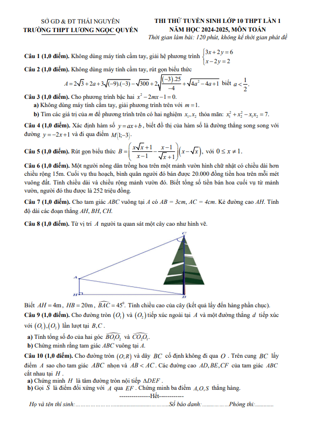 Đề thi thử Toán vào 10 lần 1 năm 2024 – 2025 trường Lương Ngọc Quyến – Thái Nguyên
