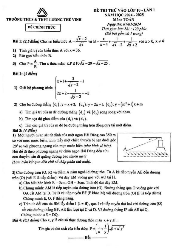 Đề thi thử Toán vào 10 lần 1 năm 2024 – 2025 trường Lương Thế Vinh – Hà Nội