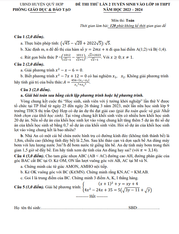 Đề thi thử Toán vào 10 lần 2 năm 2023 – 2024 phòng GD&ĐT Quỳ Hợp – Nghệ An