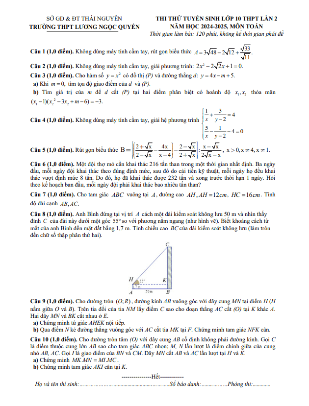 Đề thi thử Toán vào 10 lần 2 năm 2024 – 2025 trường Lương Ngọc Quyến – Thái Nguyên