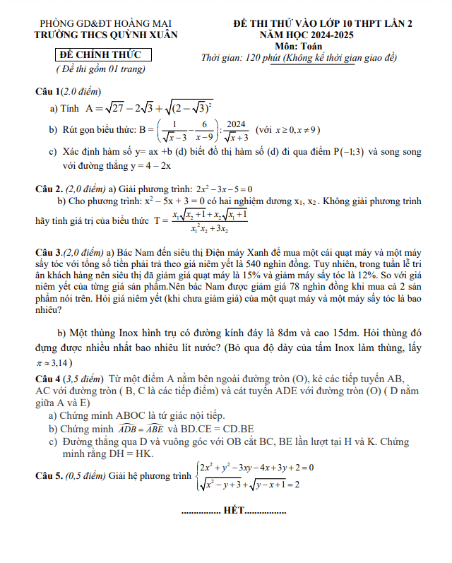 Đề thi thử Toán vào 10 lần 2 năm 2024 – 2025 trường THCS Quỳnh Xuân – Nghệ An