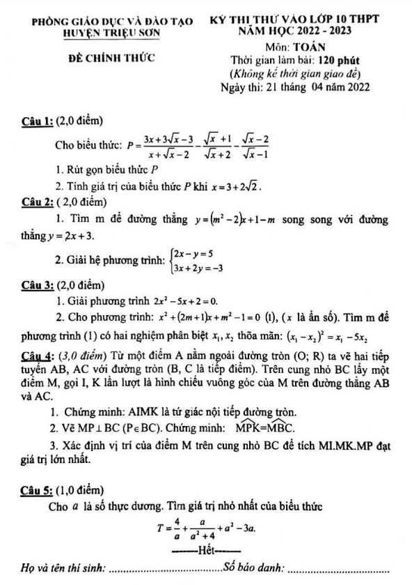 Đề thi thử Toán vào 10 năm 2022 – 2023 phòng GD&ĐT Triệu Sơn – Thanh Hóa