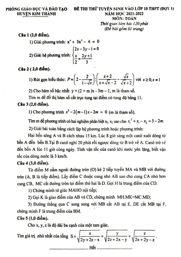 Đề thi thử Toán vào lớp 10 đợt 1 năm 2022 phòng GD&ĐT Kim Thành – Hải Dương