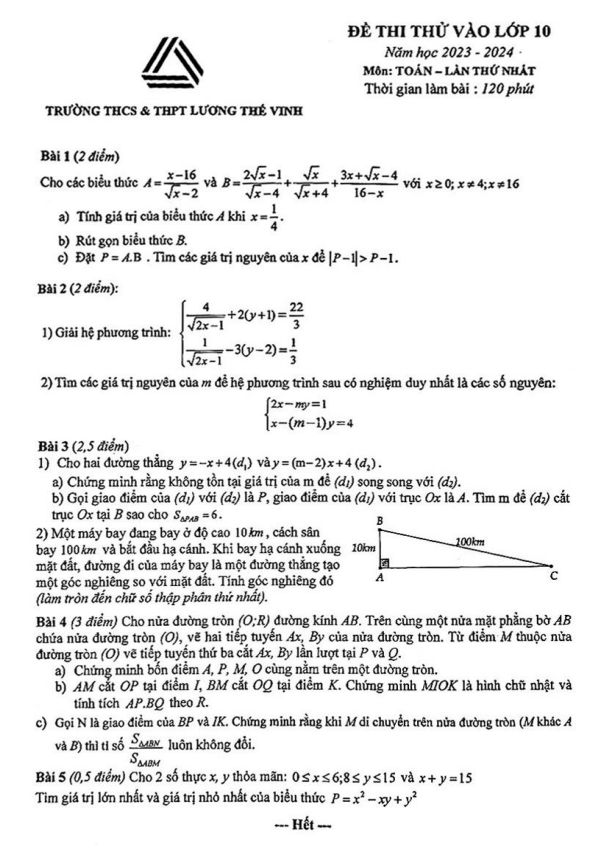 Đề thi thử Toán vào lớp 10 lần 1 năm 2023 – 2024 trường Lương Thế Vinh – Hà Nội