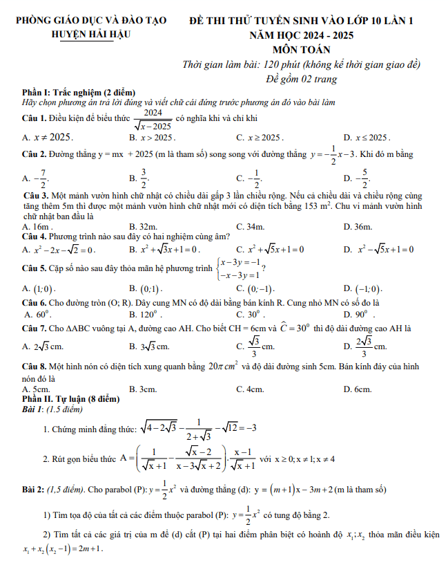 Đề thi thử Toán vào lớp 10 lần 1 năm 2024 – 2025 phòng GD&ĐT Hải Hậu – Nam Định