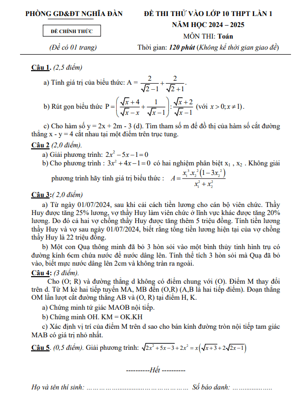 Đề thi thử Toán vào lớp 10 lần 1 năm 2024 – 2025 phòng GD&ĐT Nghĩa Đàn – Nghệ An