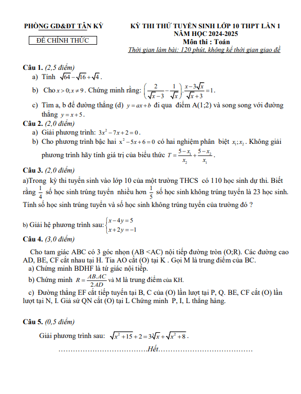 Đề thi thử Toán vào lớp 10 lần 1 năm 2024 – 2025 phòng GD&ĐT Tân Kỳ – Nghệ An