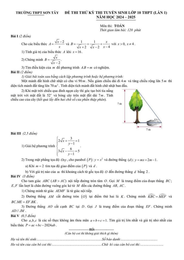 Đề thi thử Toán vào lớp 10 lần 1 năm 2024 – 2025 trường THPT Sơn Tây – Hà Nội