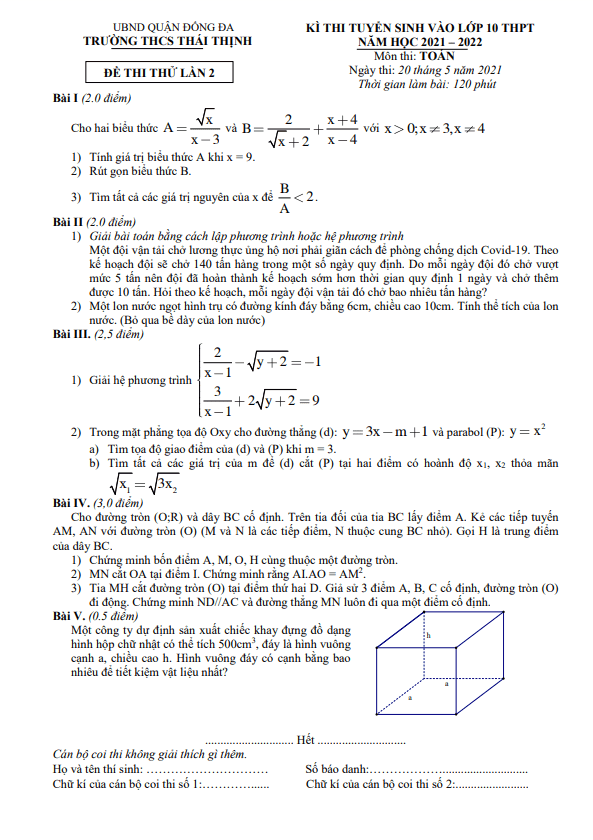 Đề thi thử Toán vào lớp 10 lần 2 năm 2021 – 2022 trường Thái Thịnh – Hà Nội