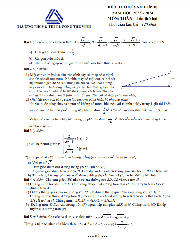 Đề thi thử Toán vào lớp 10 lần 2 năm 2023 – 2024 trường Lương Thế Vinh – Hà Nội