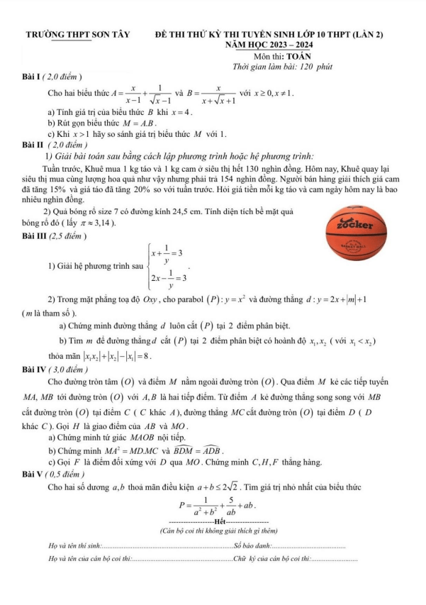 Đề thi thử Toán vào lớp 10 lần 2 năm 2023 – 2024 trường THPT Sơn Tây – Hà Nội
