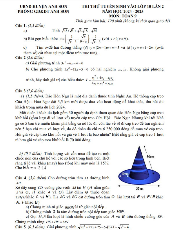 Đề thi thử Toán vào lớp 10 lần 2 năm 2024 – 2025 phòng GD&ĐT Anh Sơn – Nghệ An