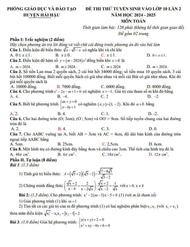 Đề thi thử Toán vào lớp 10 lần 2 năm 2024 – 2025 phòng GD&ĐT Hải Hậu – Nam Định