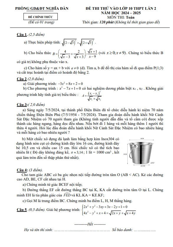 Đề thi thử Toán vào lớp 10 lần 2 năm 2024 – 2025 phòng GD&ĐT Nghĩa Đàn – Nghệ An
