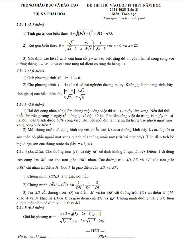 Đề thi thử Toán vào lớp 10 lần 2 năm 2024 – 2025 phòng GD&ĐT Thái Hòa – Nghệ An