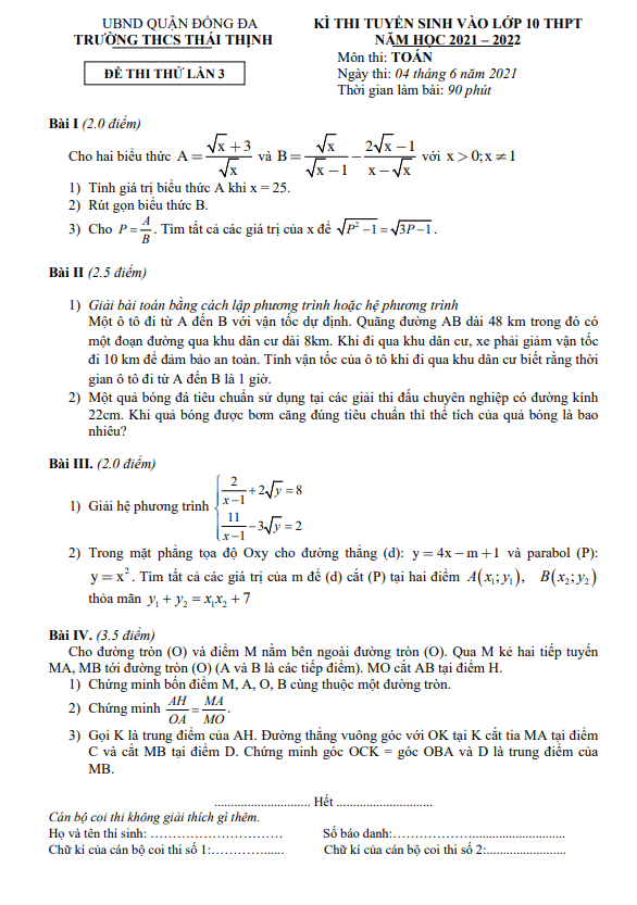 Đề thi thử Toán vào lớp 10 lần 3 năm 2021 – 2022 trường Thái Thịnh – Hà Nội