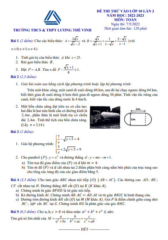 Đề thi thử Toán vào lớp 10 lần 3 năm 2022 – 2023 trường Lương Thế Vinh – Hà Nội