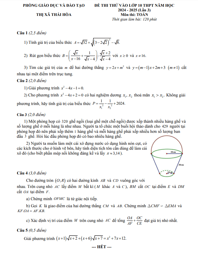 Đề thi thử Toán vào lớp 10 lần 3 năm 2024 – 2025 phòng GD&ĐT Thái Hòa – Nghệ An