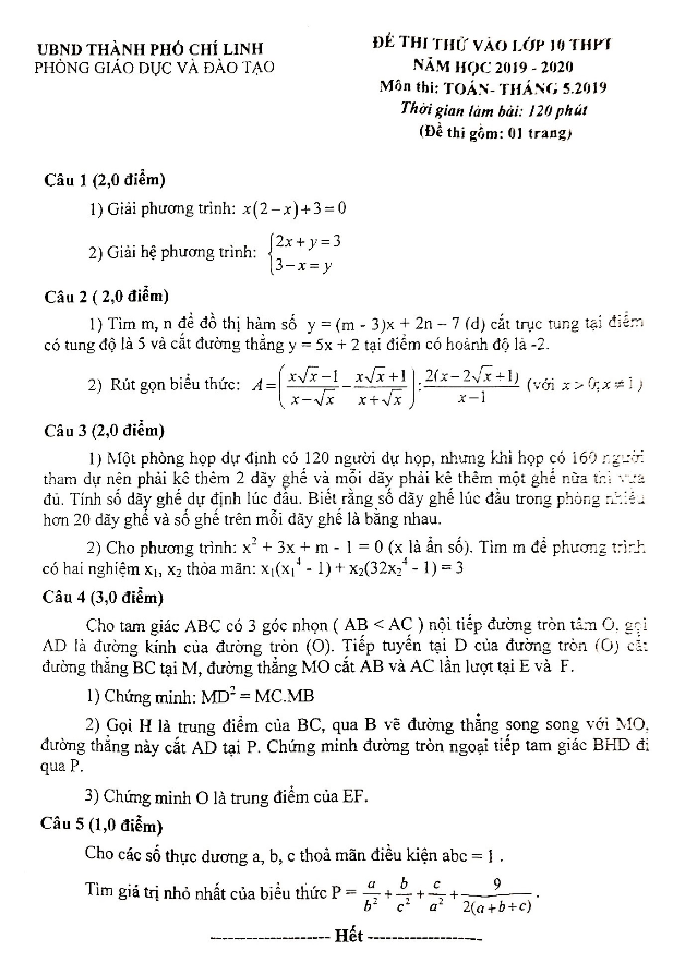 Đề thi thử Toán vào lớp 10 năm 2019 – 2020 phòng GD&ĐT Chí Linh – Hải Dương
