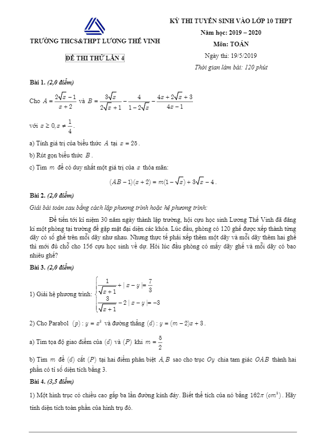 Đề thi thử Toán vào lớp 10 năm 2019 – 2020 trường Lương Thế Vinh – Hà Nội lần 4