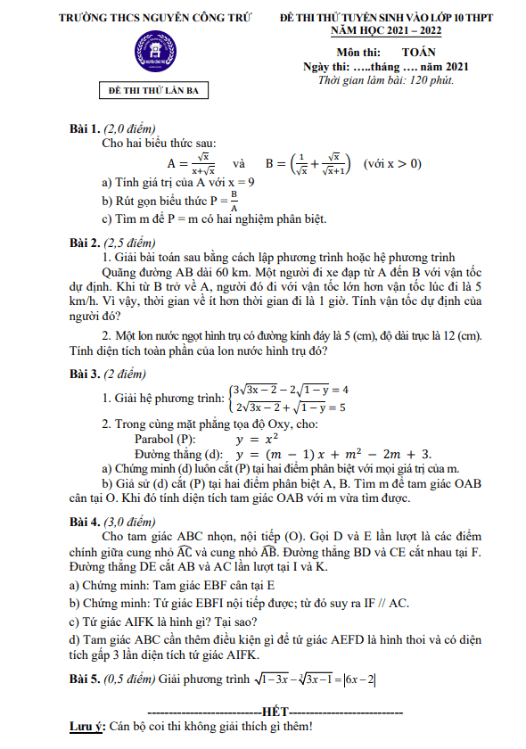 Đề thi thử Toán vào lớp 10 năm 2021 – 2022 lần 3 trường Nguyễn Công Trứ – Hà Nội