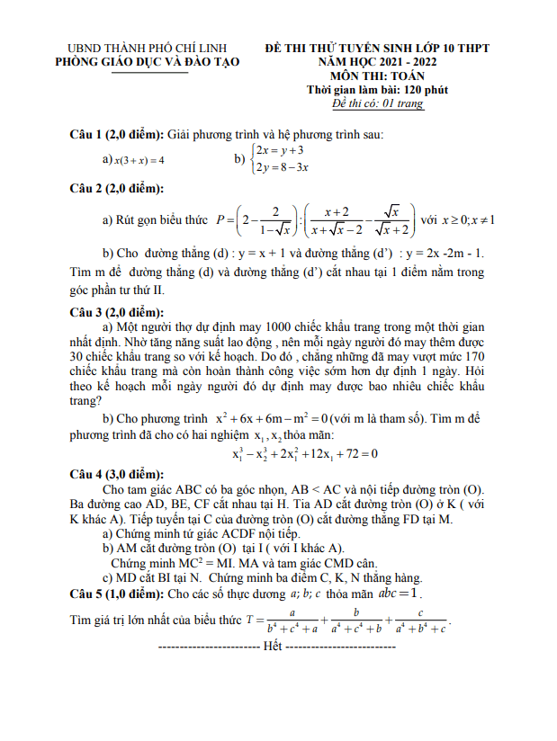 Đề thi thử Toán vào lớp 10 năm 2021 – 2022 phòng GD&ĐT Chí Linh – Hải Dương