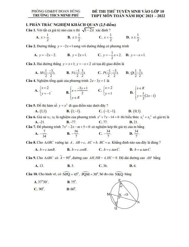 Đề thi thử Toán vào lớp 10 năm 2021 – 2022 trường THCS Minh Phú – Phú Thọ