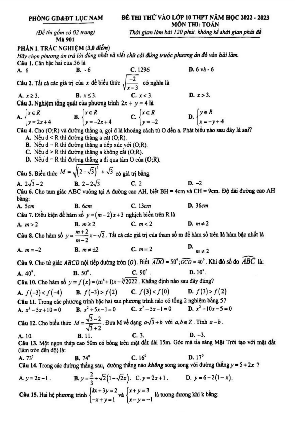 Đề thi thử Toán vào lớp 10 năm 2022 – 2023 phòng GD&ĐT Lục Nam – Bắc Giang