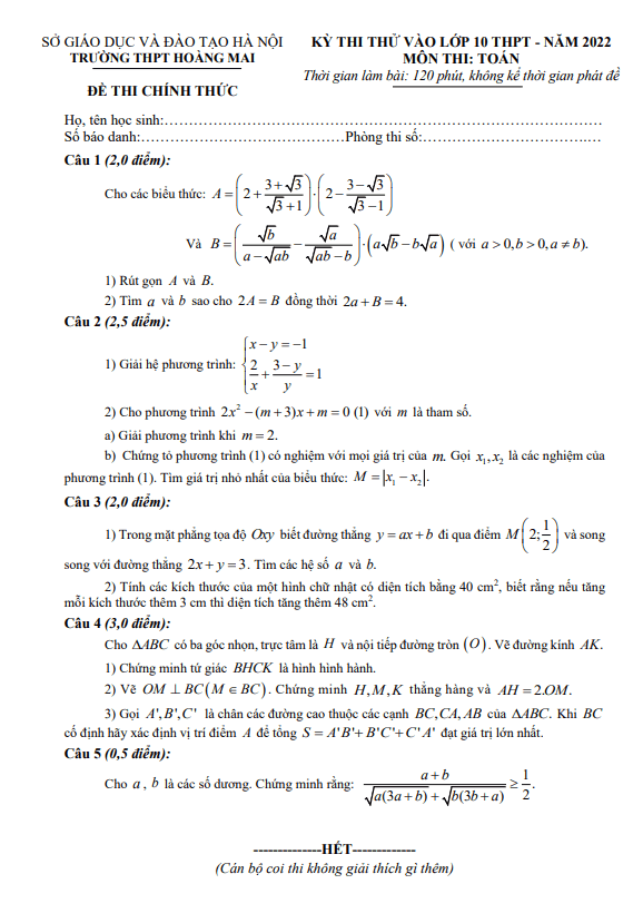 Đề thi thử Toán vào lớp 10 năm 2022 trường THPT Hoàng Mai – Hà Nội