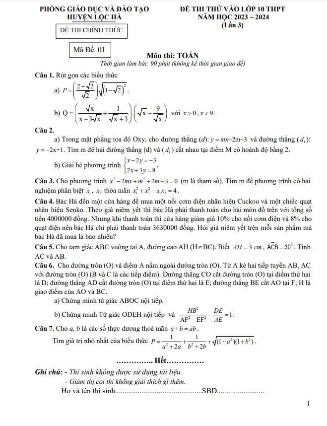Đề thi thử Toán vào lớp 10 năm 2023 – 2024 lần 3 phòng GD&ĐT Lộc Hà – Hà Tĩnh