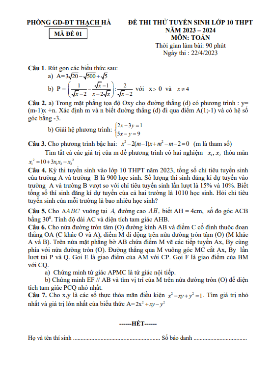 Đề thi thử Toán vào lớp 10 năm 2023 – 2024 phòng GD&ĐT Thạch Hà – Hà Tĩnh