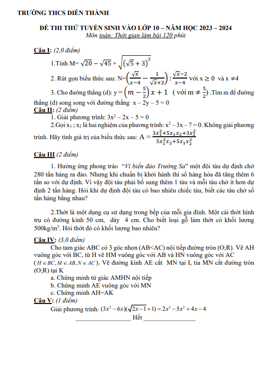 Đề thi thử Toán vào lớp 10 năm 2023 – 2024 trường THCS Diễn Thành – Nghệ An
