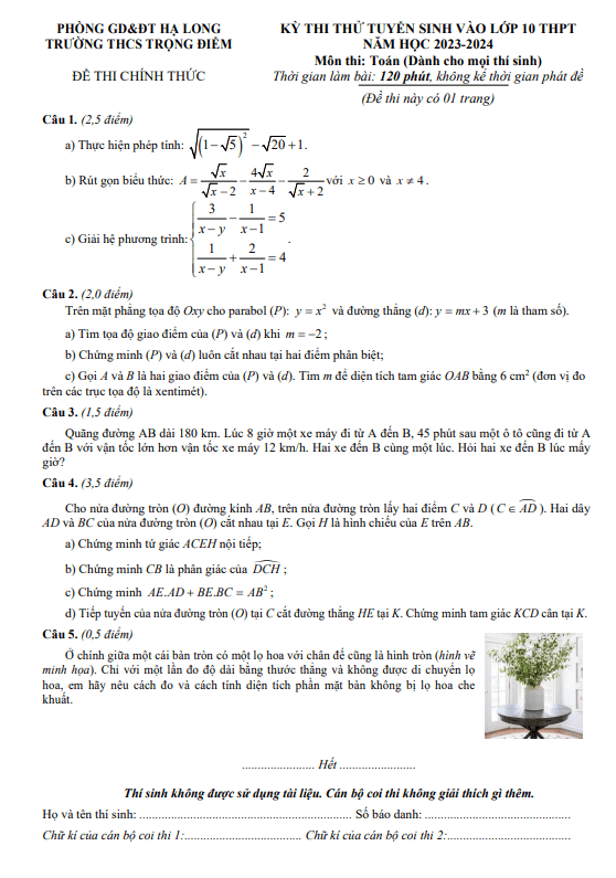Đề thi thử Toán vào lớp 10 năm 2023 – 2024 trường THCS Trọng Điểm – Quảng Ninh