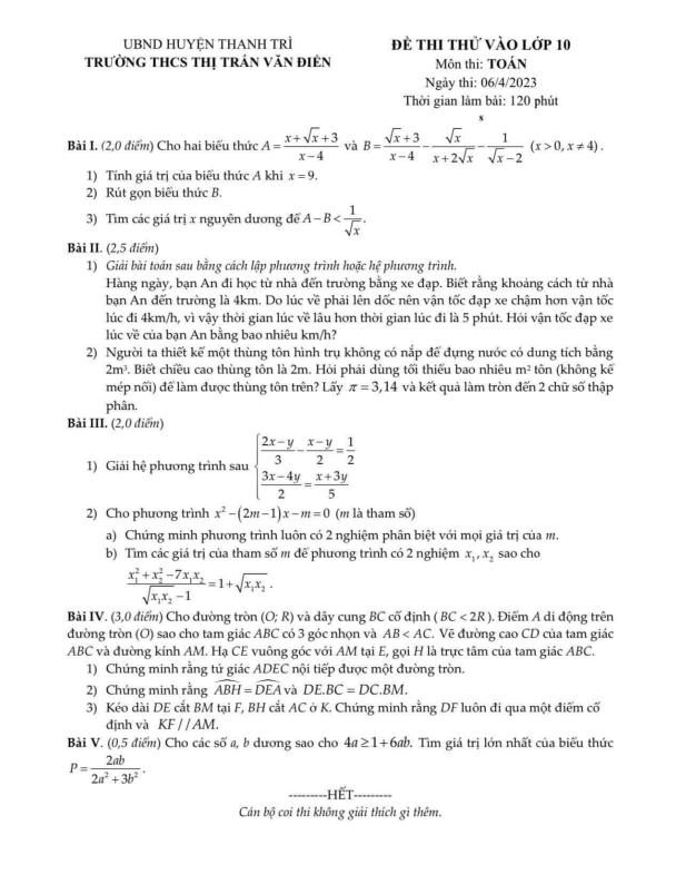 Đề thi thử Toán vào lớp 10 năm 2023 trường THCS thị trấn Văn Điển – Hà Nội