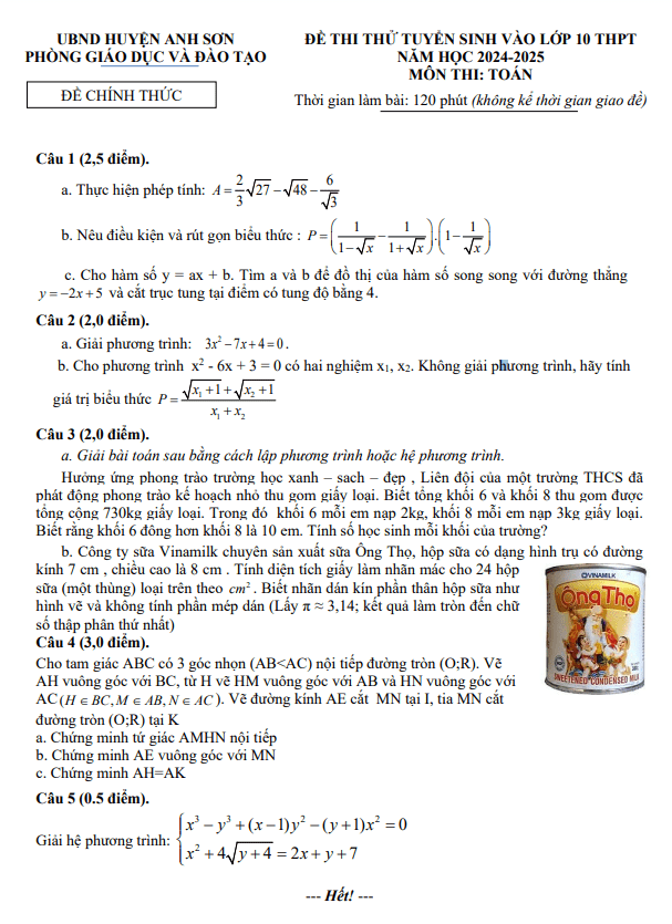 Đề thi thử Toán vào lớp 10 năm 2024 – 2025 phòng GD&ĐT Anh Sơn – Nghệ An