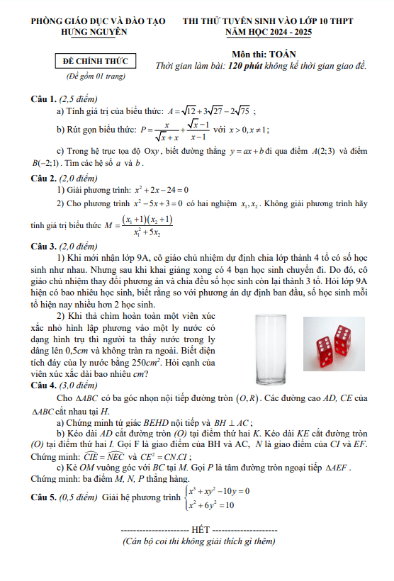 Đề thi thử Toán vào lớp 10 năm 2024 – 2025 phòng GD&ĐT Hưng Nguyên – Nghệ An