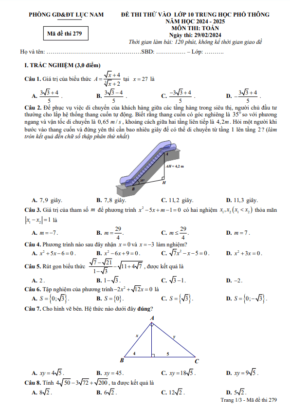 Đề thi thử Toán vào lớp 10 năm 2024 – 2025 phòng GD&ĐT Lục Nam – Bắc Giang