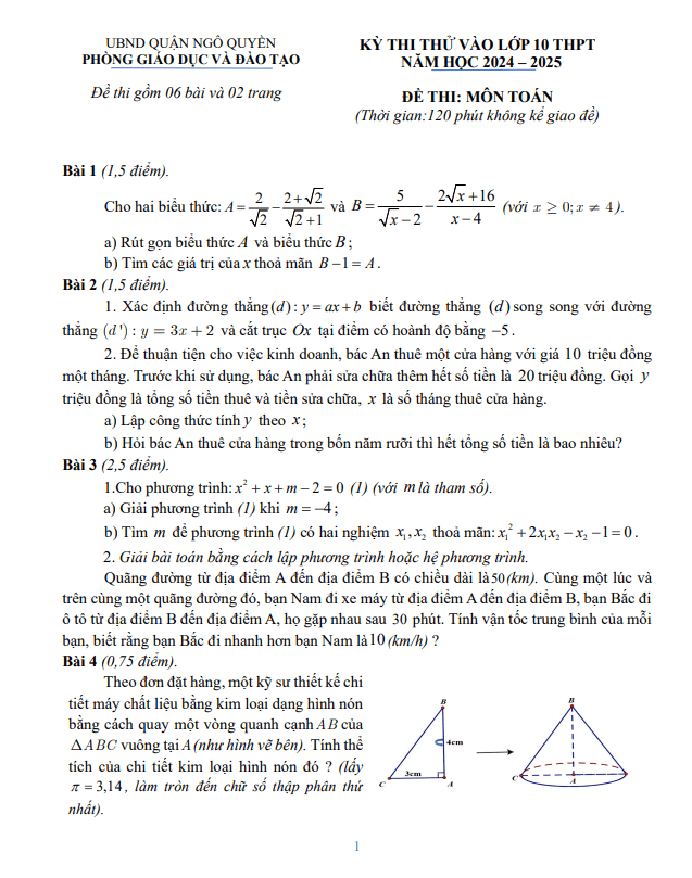 Đề thi thử Toán vào lớp 10 năm 2024 – 2025 phòng GD&ĐT Ngô Quyền – Hải Phòng