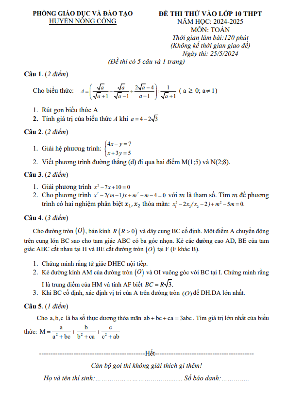 Đề thi thử Toán vào lớp 10 năm 2024 – 2025 phòng GD&ĐT Nông Cống – Thanh Hóa