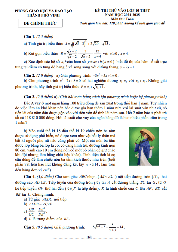 Đề thi thử Toán vào lớp 10 năm 2024 – 2025 phòng GD&ĐT Vinh – Nghệ An