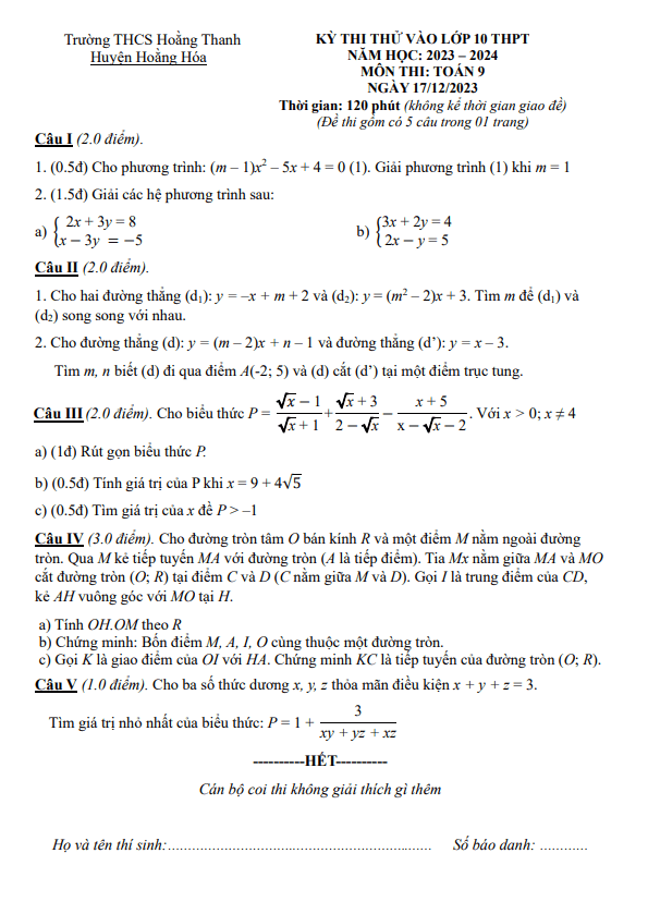 Đề thi thử Toán vào lớp 10 năm 2024 trường THCS Hoằng Thanh – Thanh Hóa