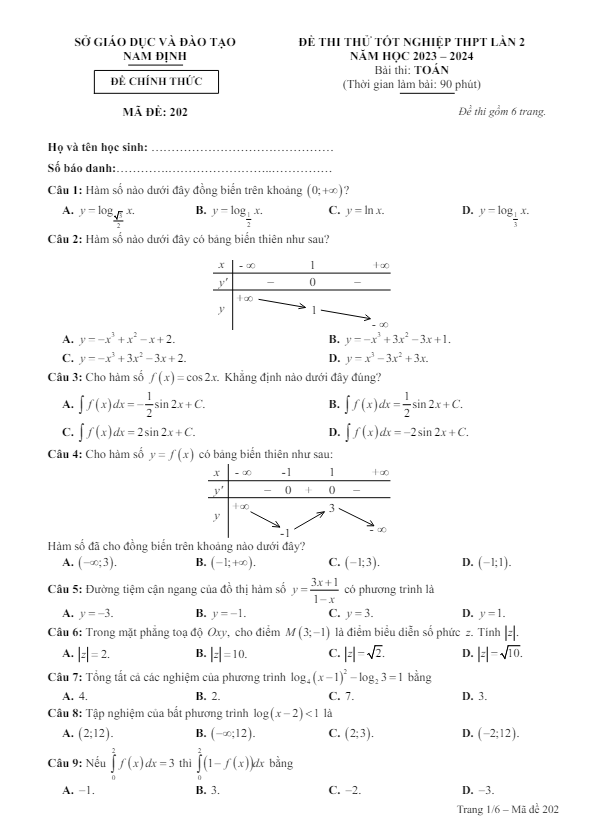 Đề thi thử tốt nghiệp THPT 2024 môn Toán lần 2 sở GD&ĐT Nam Định