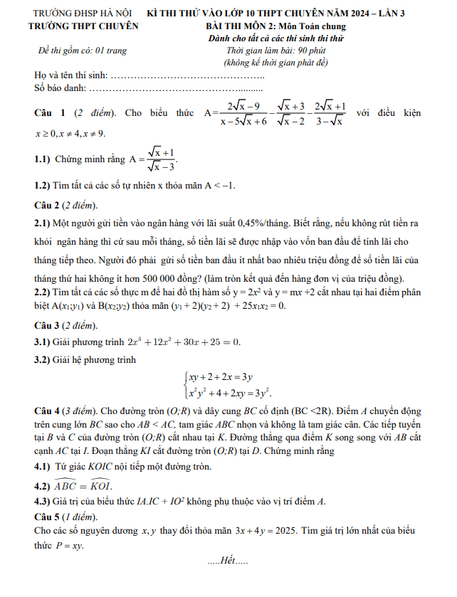 Đề thi thử vào 10 chuyên môn Toán (chung) năm 2024 lần 3 trường chuyên ĐHSP Hà Nội